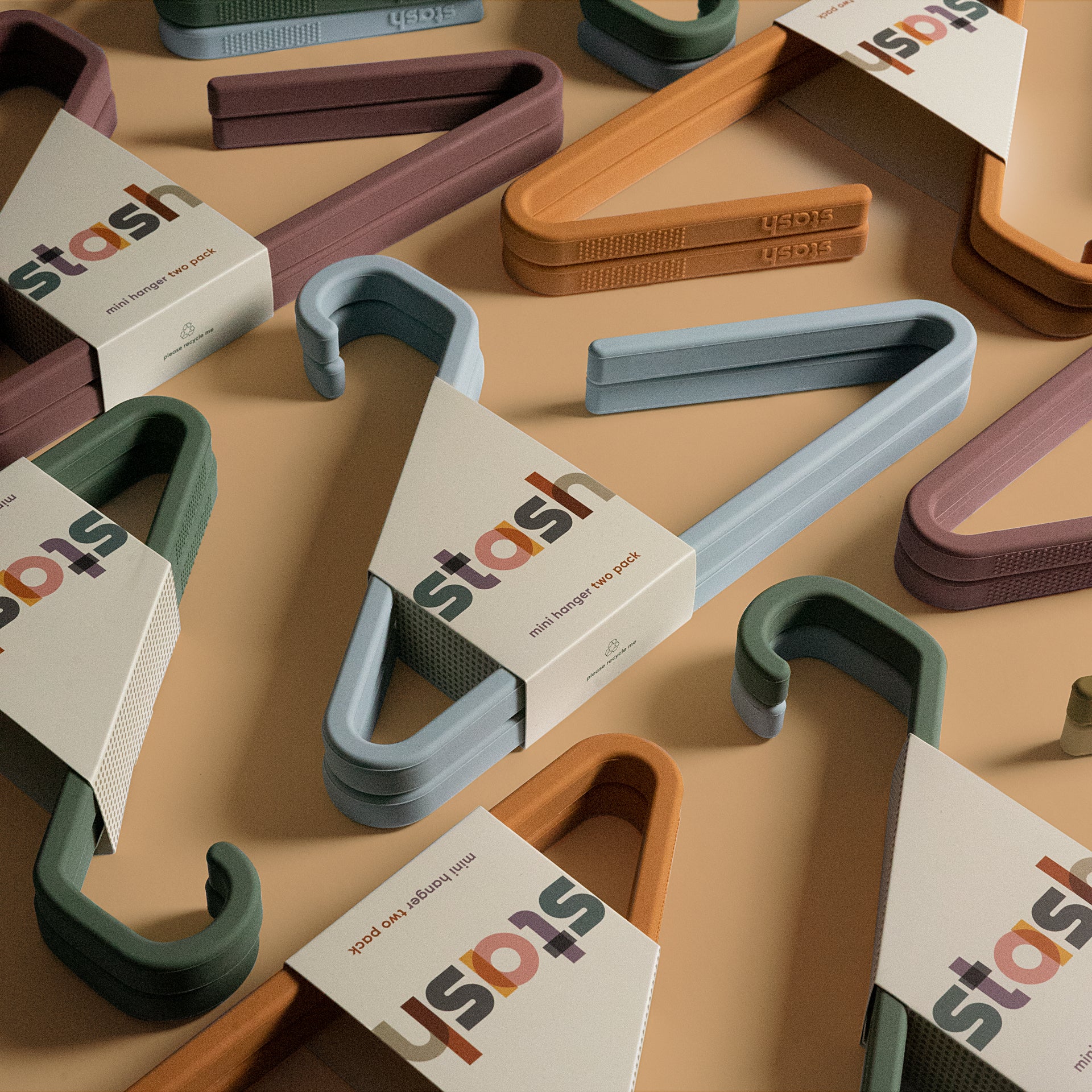 Stash hangers lined up on a table